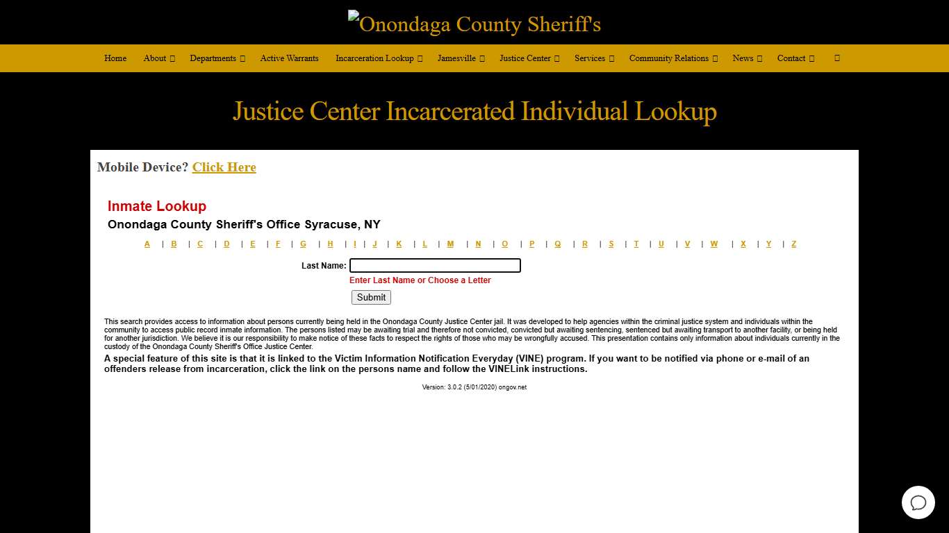 Justice Center Incarcerated Individual Lookup – Onondaga County Sheriff's Office